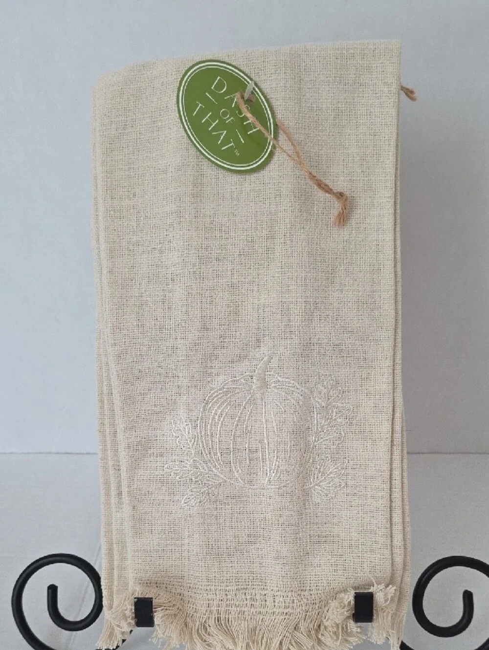 Dash of That NWT Cream Embroidered Pumpkin Fall Leaves Cotton Kitchen Towel Set